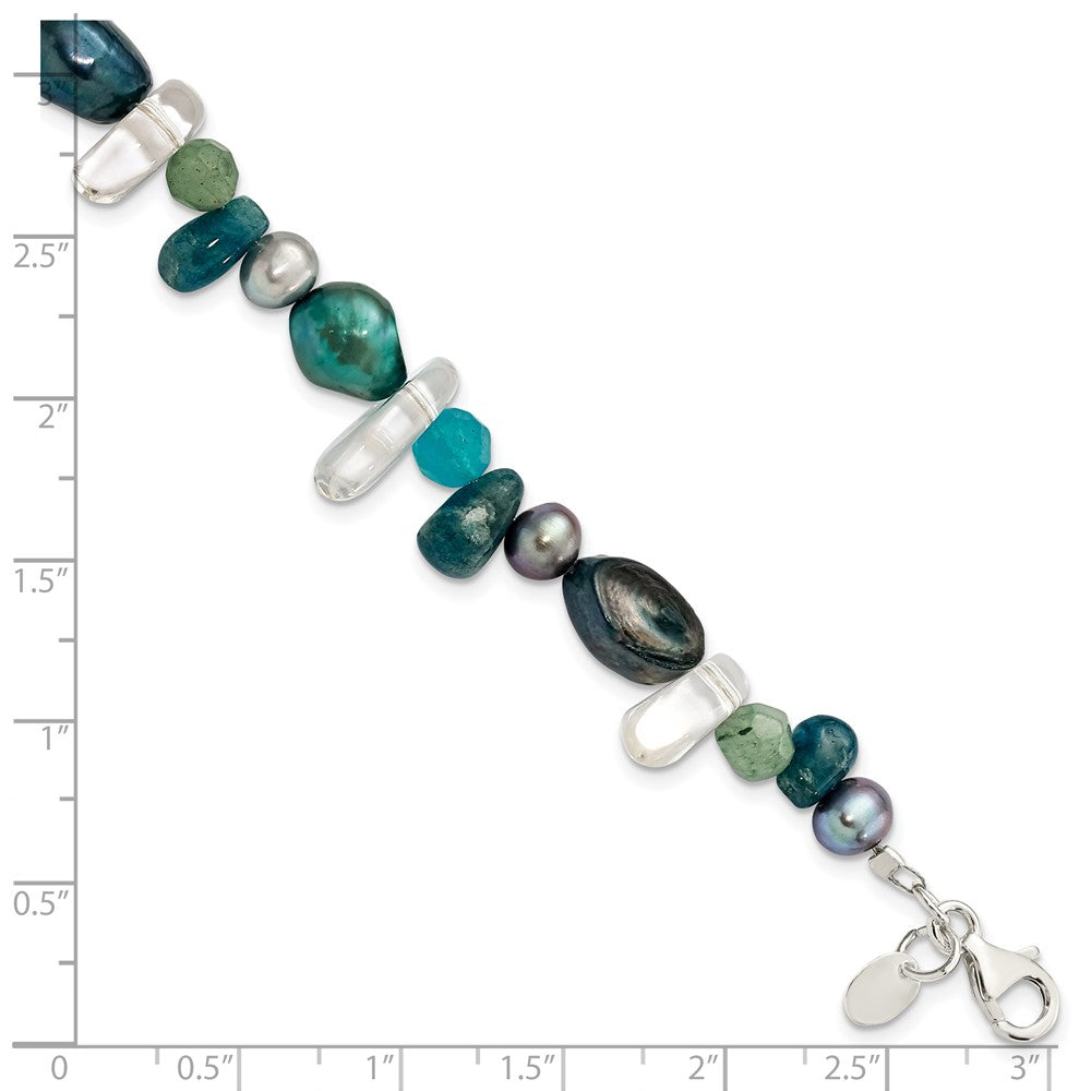 Sterling Silver Aventurine, Synthetic Blue Quartz/FWC Pearl Bracelet 7.75 inches