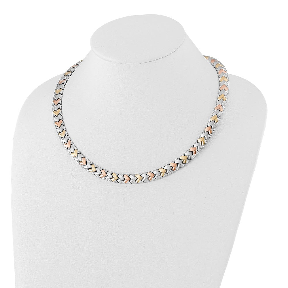 Stainless Steel Rose & Yellow IP-plated Polished & Satin Link Necklace