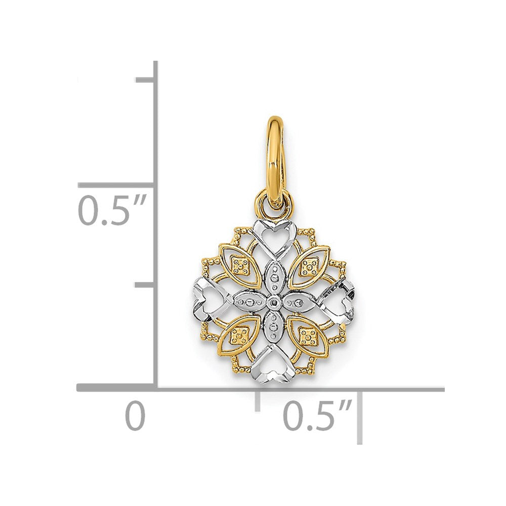 14K w/Rhodium Cut-Out Heart Edge Flower Charm