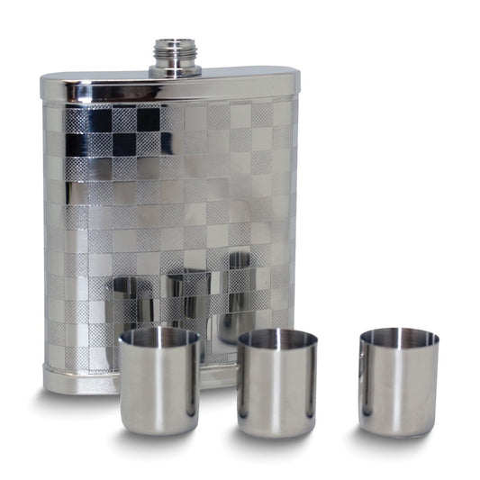 Stainless Steel Checkered 7 ounce Flask with Three Shot Glasses