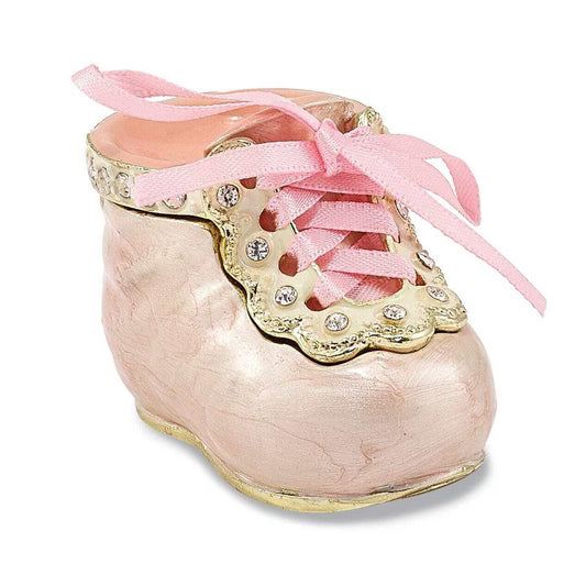 Luxury Giftware by Jere Pewter Bejeweled Crystals Gold-tone Enameled IT'S A GIRL Pink Baby Bootie Trinket Box with Matching 18 Inch Necklace QBJ2052P