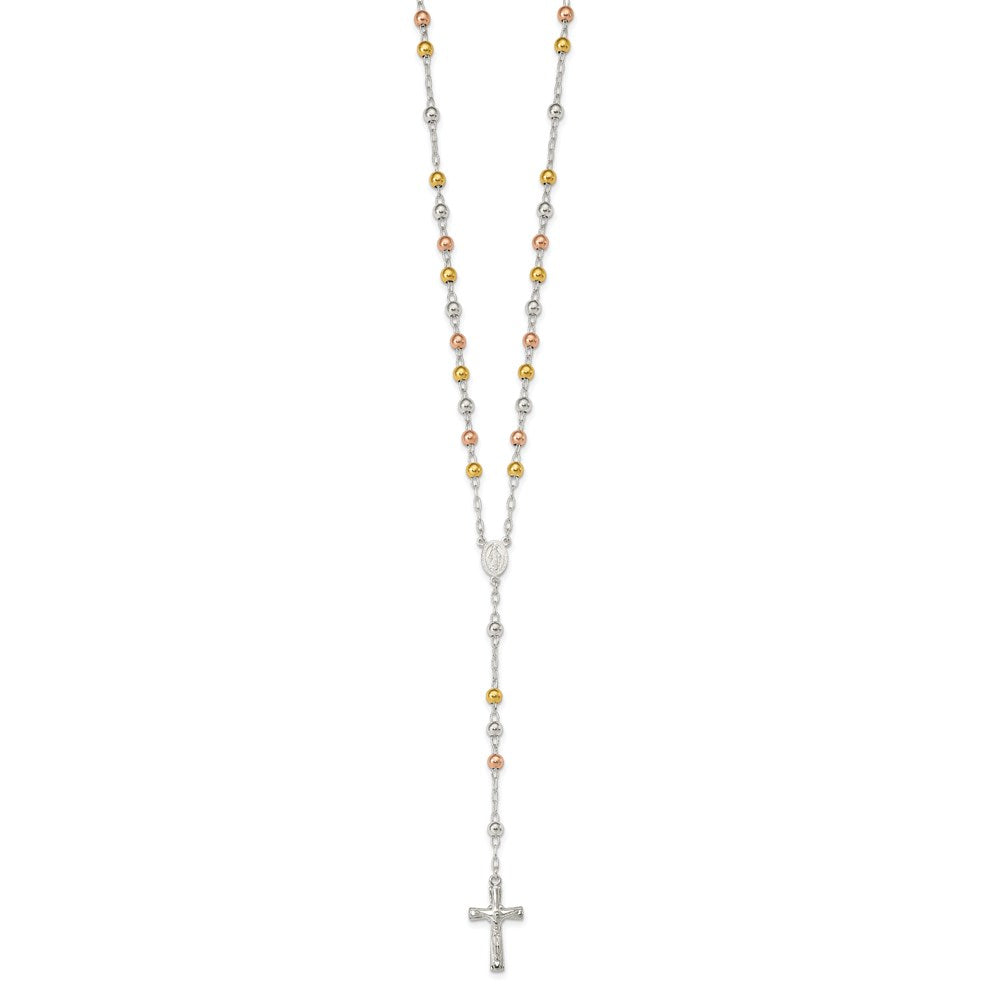 Sterling Silver Polished Rosary Tri-color Beads Necklace 26 Inches