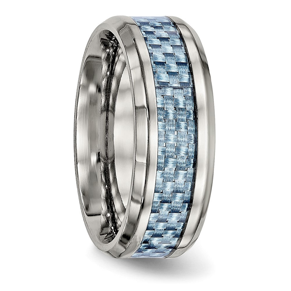 Stainless Steel Polished w/Light Blue Carbon Fiber Inlay 8mm Band Size - 8.5