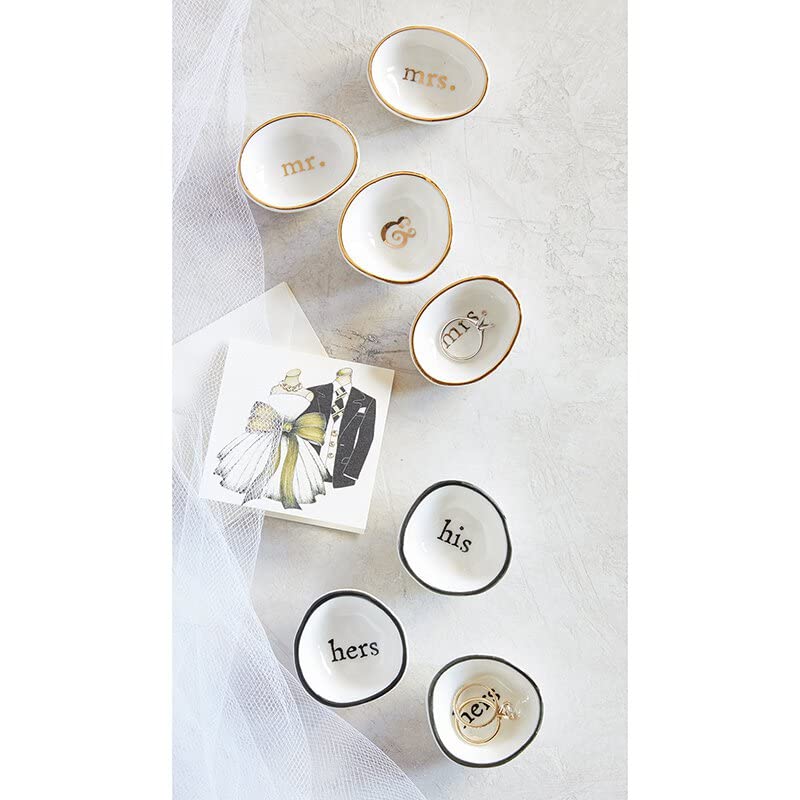 2" Handmade White Ceramic Ring Holder Dish with "His" Design