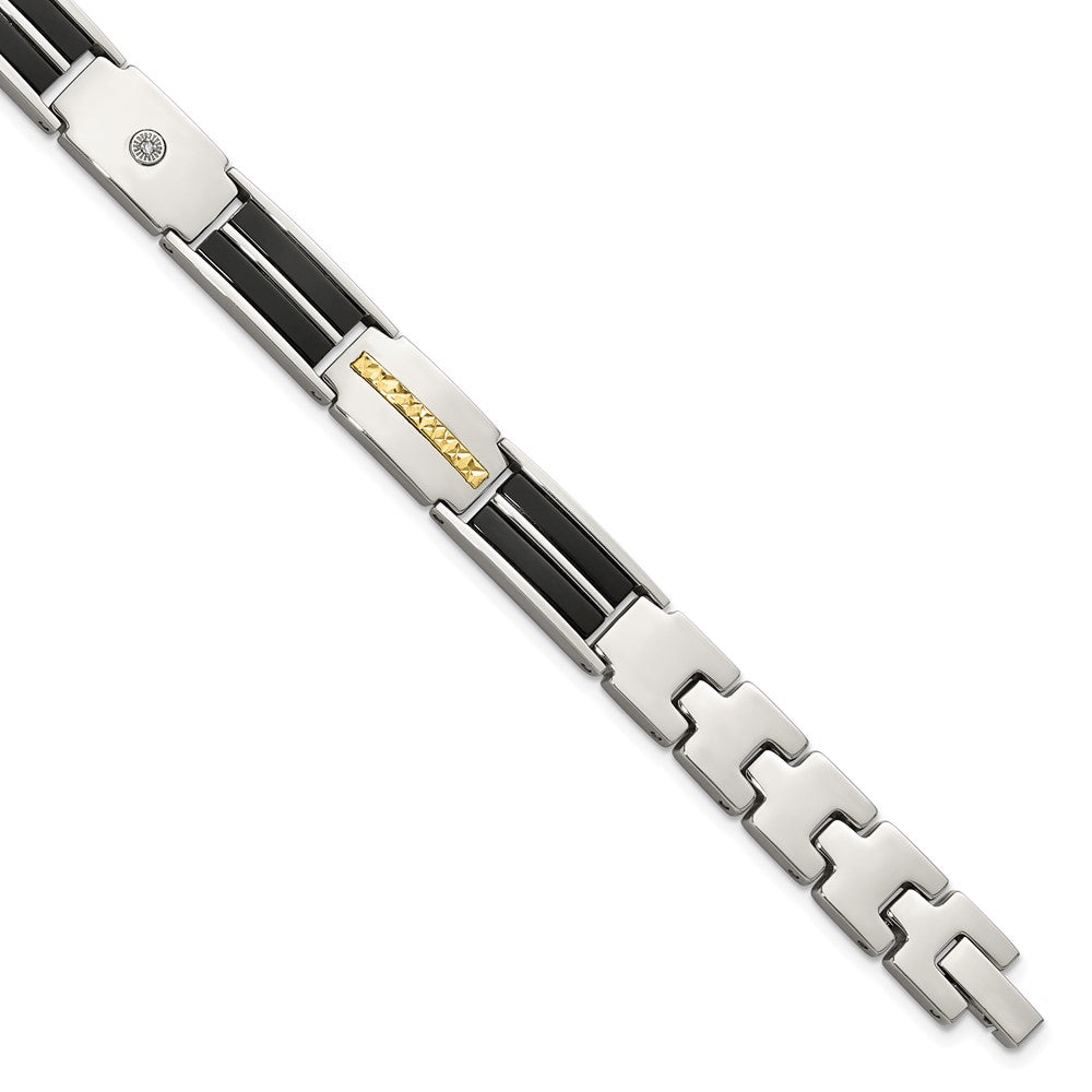 Chisel Stainless Steel Polished with Diamond-cut 14K Gold Accent and 1/20ct. Diamond with Black Enamel 8 inch Bracelet 8 inches