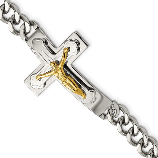 Stainless Steel Polished Yellow IP-plated Crucifix 8in Bracelet 8 inches