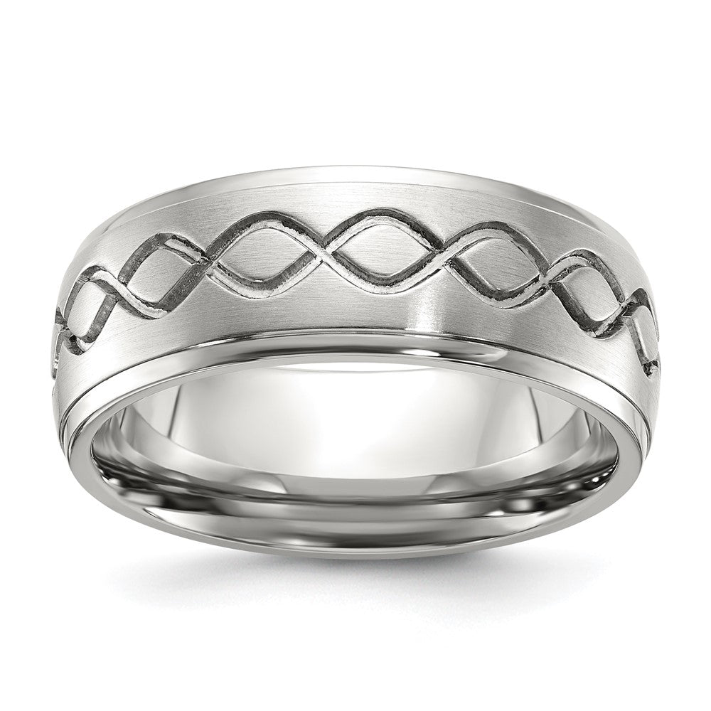Stainless Steel Brushed & Polished Scroll Design 8mm Ridged Edge Band Size - 10