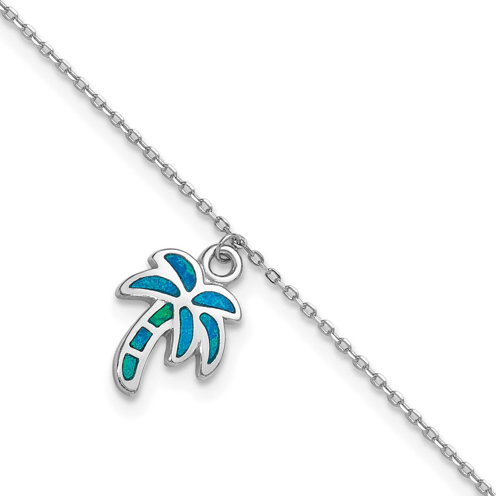 Sterling Silver Rhodium-plated Created Opal Palm Tree 9 inch with a 1 inch extention Anklet 9 inches