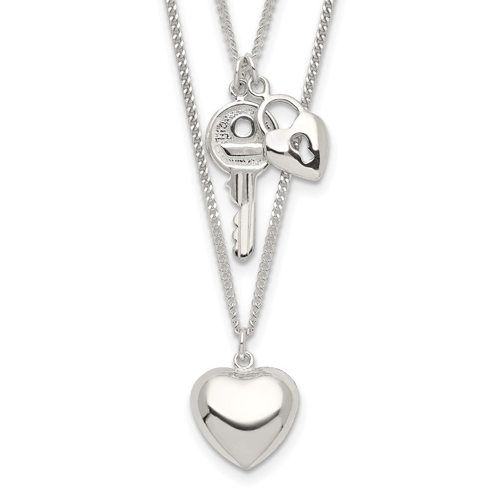 Sterling Silver 2-Strand Heart and Key Necklace 18 Inches