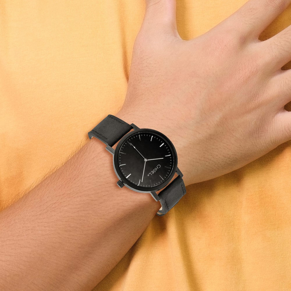 Chisel Matte Black IP-plated Black Dial Black Leather Band with Quick Release Watch 9 inches