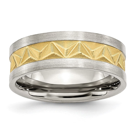 Stainless Steel Brushed Yellow IP-plated 8mm Grooved Band Size - 12.5