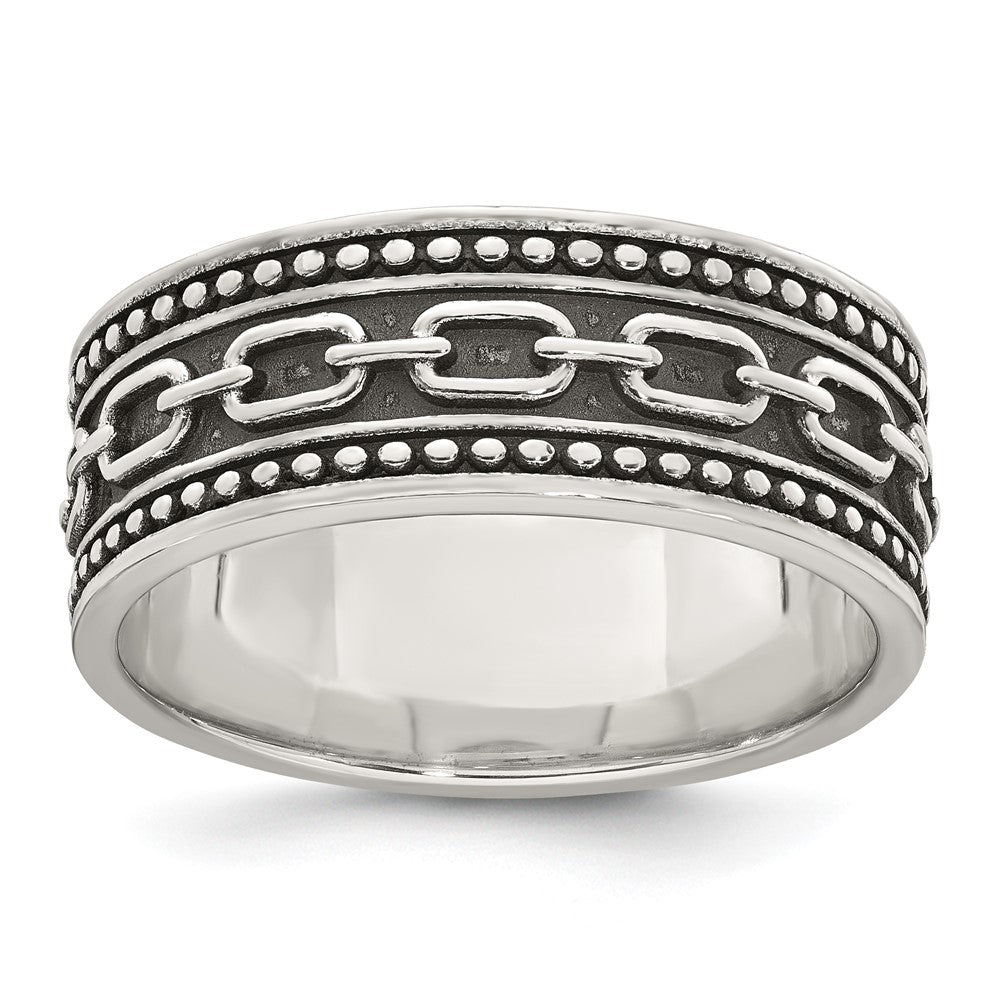 Sterling Silver Polished Beaded Antiqued Chain Link Band Size 10 Mens Ring