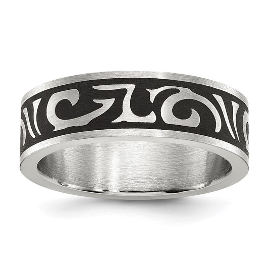 Stainless Steel Brushed Enameled Swirl Design 7mm Band Size - 11