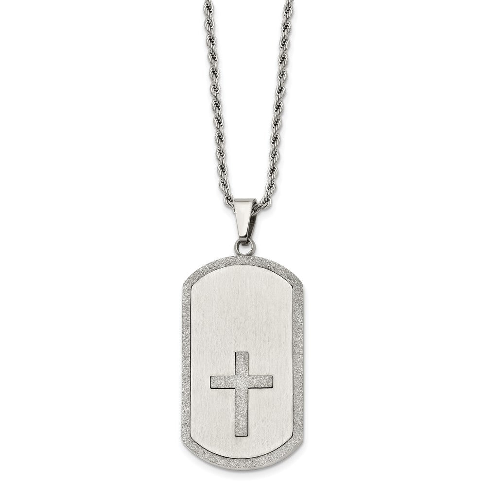 Stainless Steel Brushed Laser Cut Cross Dog Tag 24in Necklace