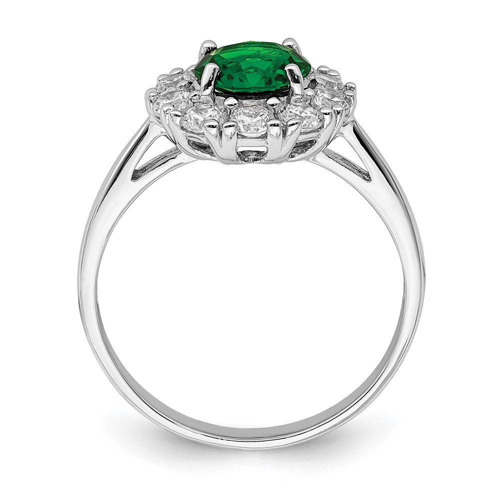 Sterling Silver Rhodium-plated Green Glass and CZ Halo Ring