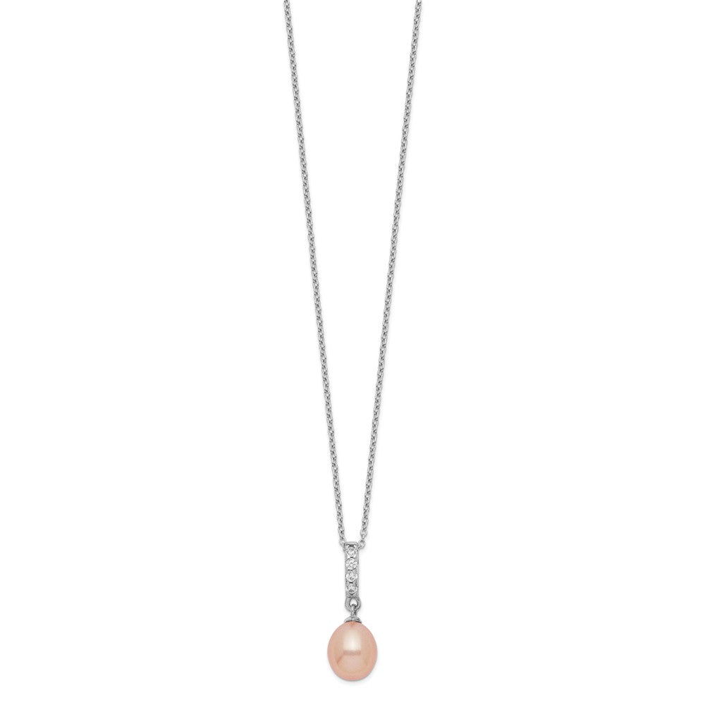 Sterling Silver Rhodium-plated 8-9mm Pink Teardrop Freshwater Cultured Pearl and CZ 17 inch Necklace 17 Inches