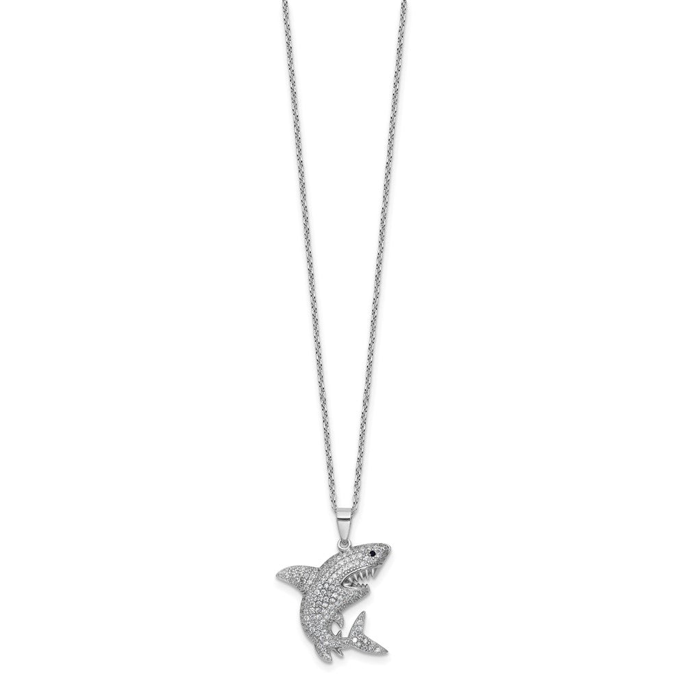 Cheryl M Sterling Silver Rhodium-plated Polished Lab Created Black Spinel and CZ Shark with 2 Inch Extension Necklace 18 Inches