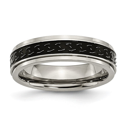 Titanium Polished Black Enamel Braid Design 6mm Ridged Edge Band Size - 13