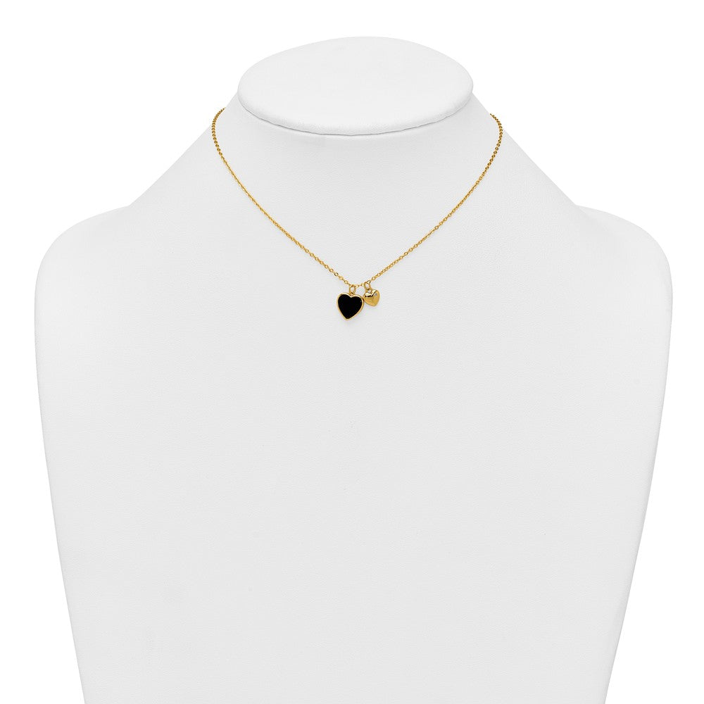 Sterling Silver Gold-tone Polished Onyx and CZ Hearts 14 Inch with 3 Inch Extension Children's Necklace 14 Inches