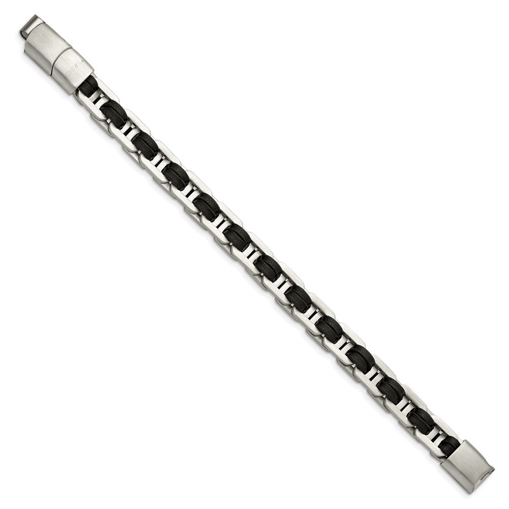 Stainless Steel Brushed with Black PU Leather 7.75in w/.5in ext Bracelet 7.25 inches