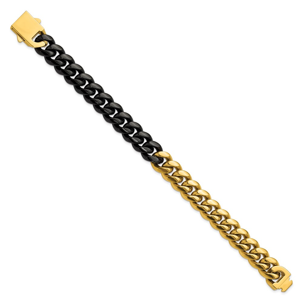 Chisel Stainless Steel Polished Black and Yellow IP-plated 12mm 8.25 inch Curb Link Bracelet 8.25 inches