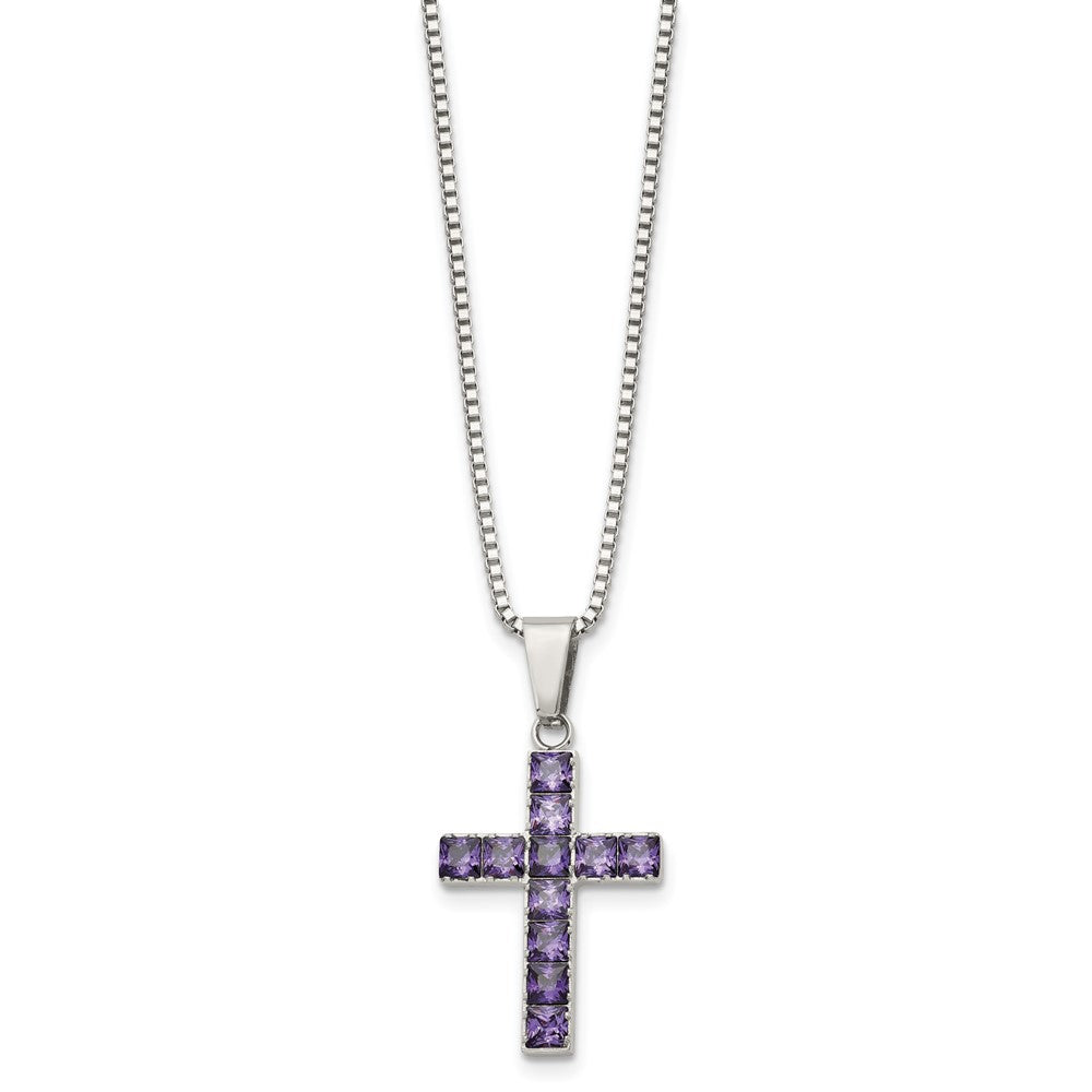 Stainless Steel Polished w/Purple Square CZ Cross 18in Necklace