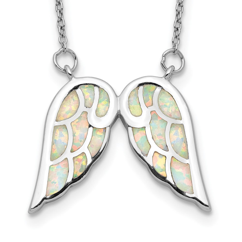 Sterling Silver Rhod-plated Created Opal Wings w/1.5in ext Necklace 16.5 Inches
