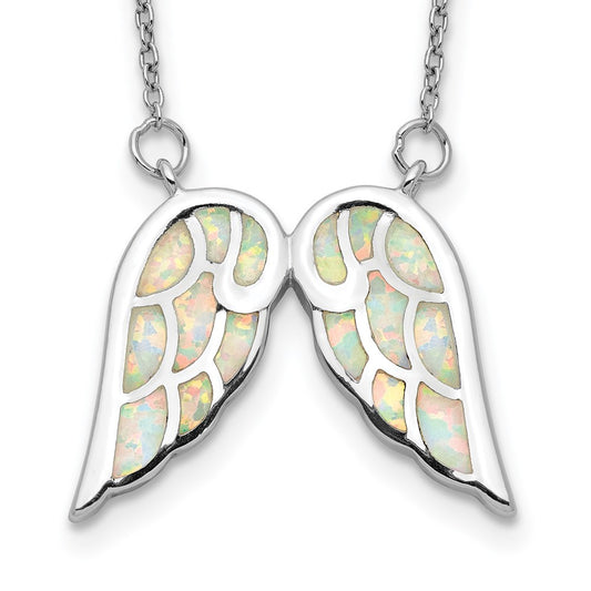 Sterling Silver Rhod-plated Created Opal Wings w/1.5in ext Necklace 16.5 Inches