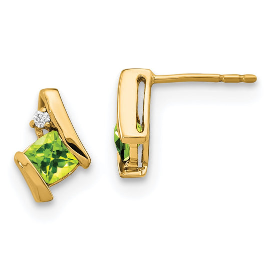 10k Yellow Gold Cushion Peridot and Diamond Earrings