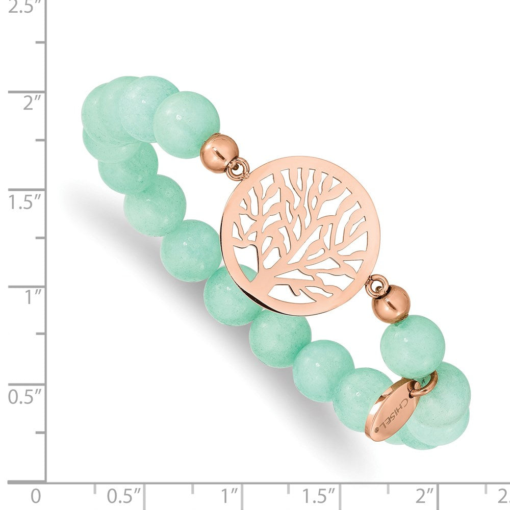 Stainless Steel Polished Rose IP Tree Green Dyed Jade Stretch Bracelet 6 inches