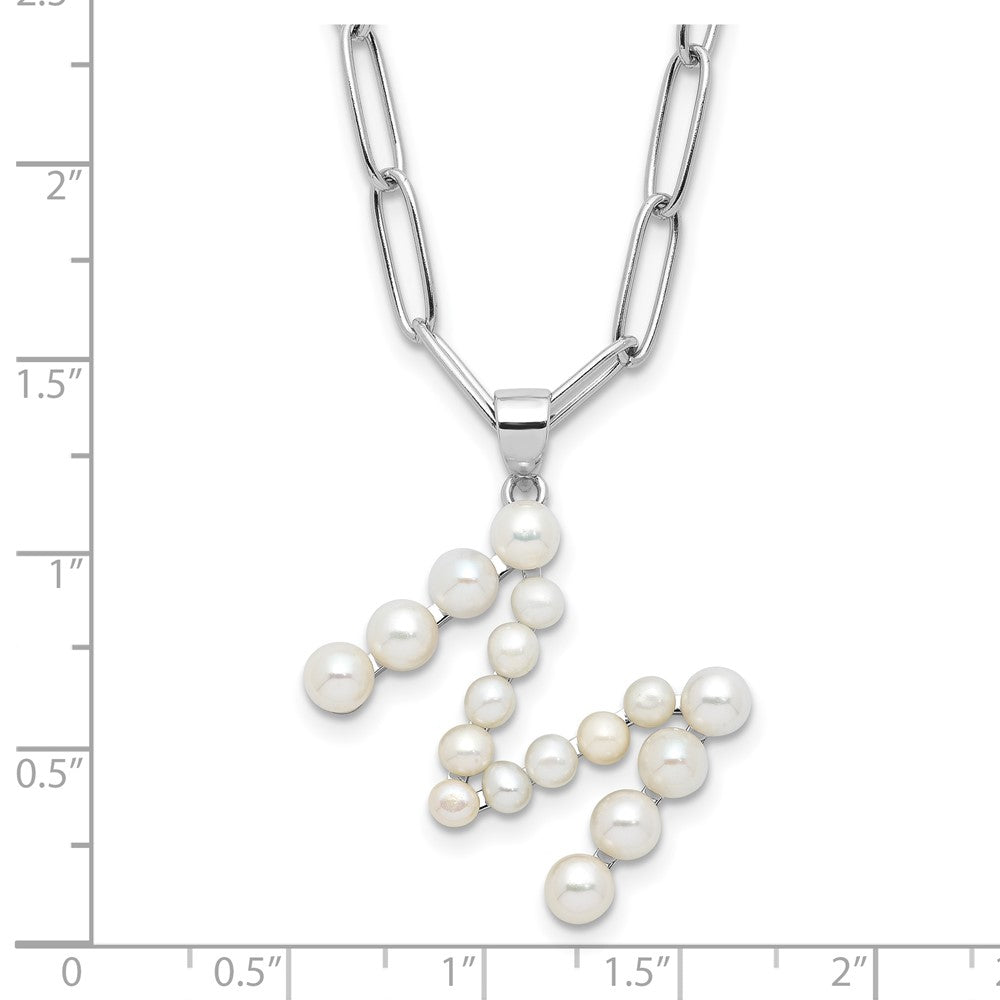 Sterling Silver Rhodium-plated 3-5.5mm White Button Freshwater Cultured Pearl LETTER M 18 inch Necklace