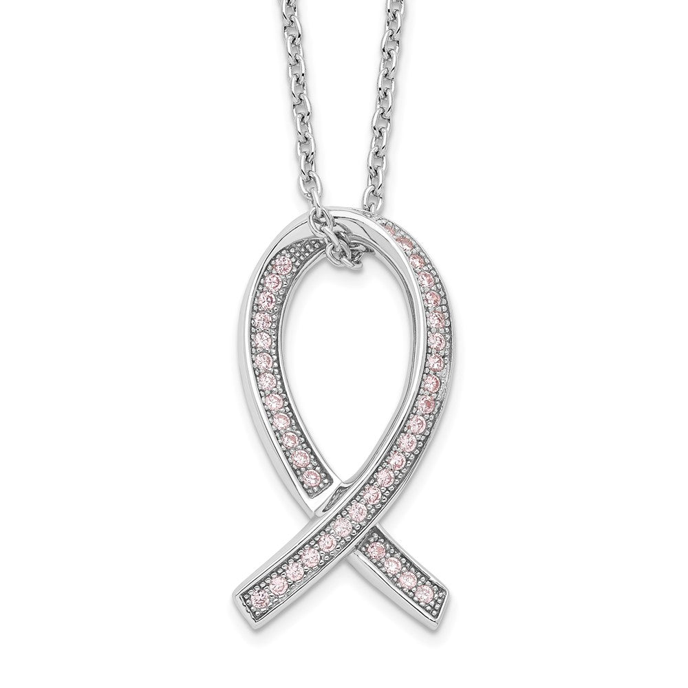Brilliant Embers Sterling Silver Rhodium-plated 38 Stone 18 inch Micro Pav‚ Pink CZ Awareness Ribbon Necklace with 2 Inch Extender 18 Inches