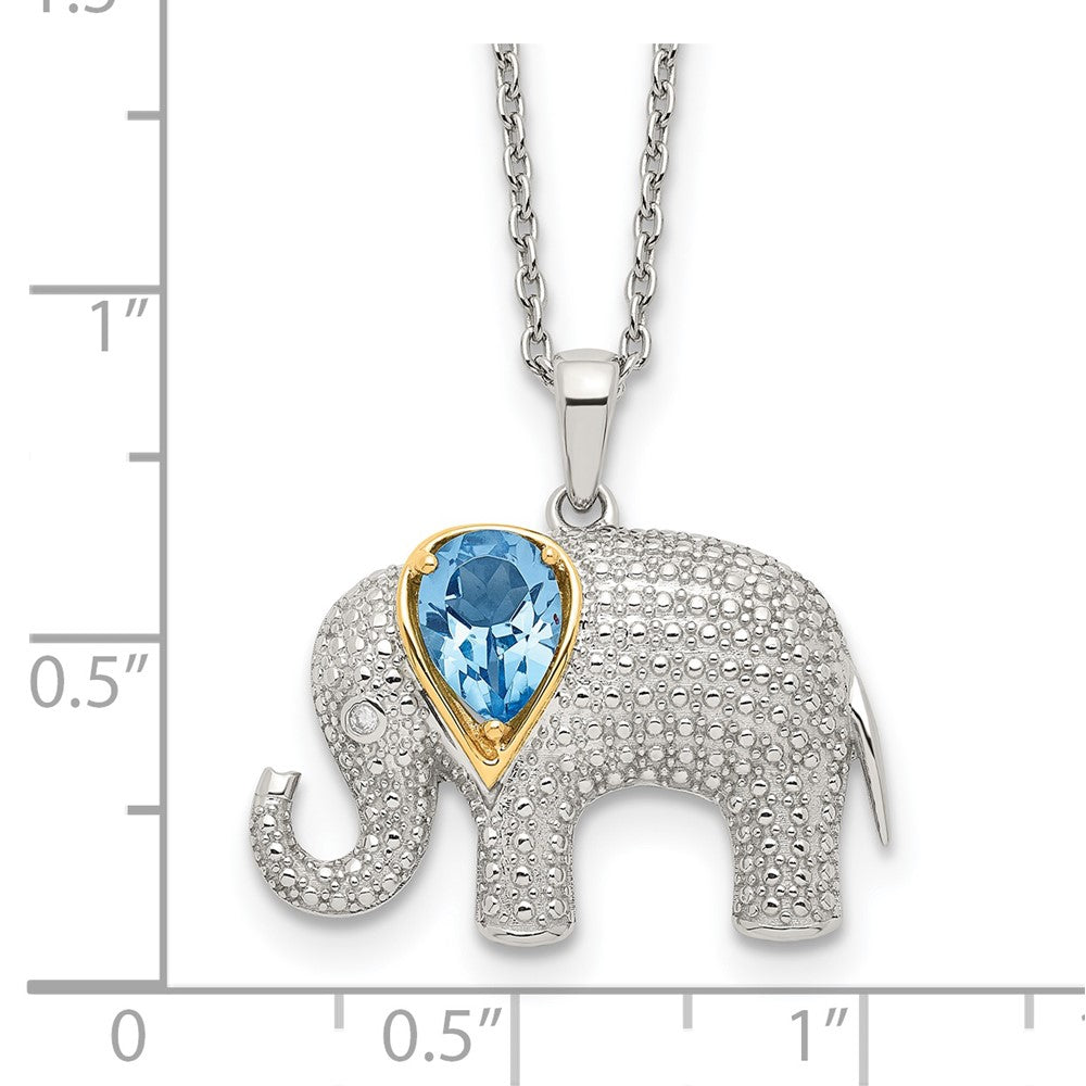 Brilliant Gemstones Sterling Silver with 14K Accent Rhodium-plated Blue Topaz and Diamond Elephant 18 Inch Necklace with 2 Inch Extender 17 Inches