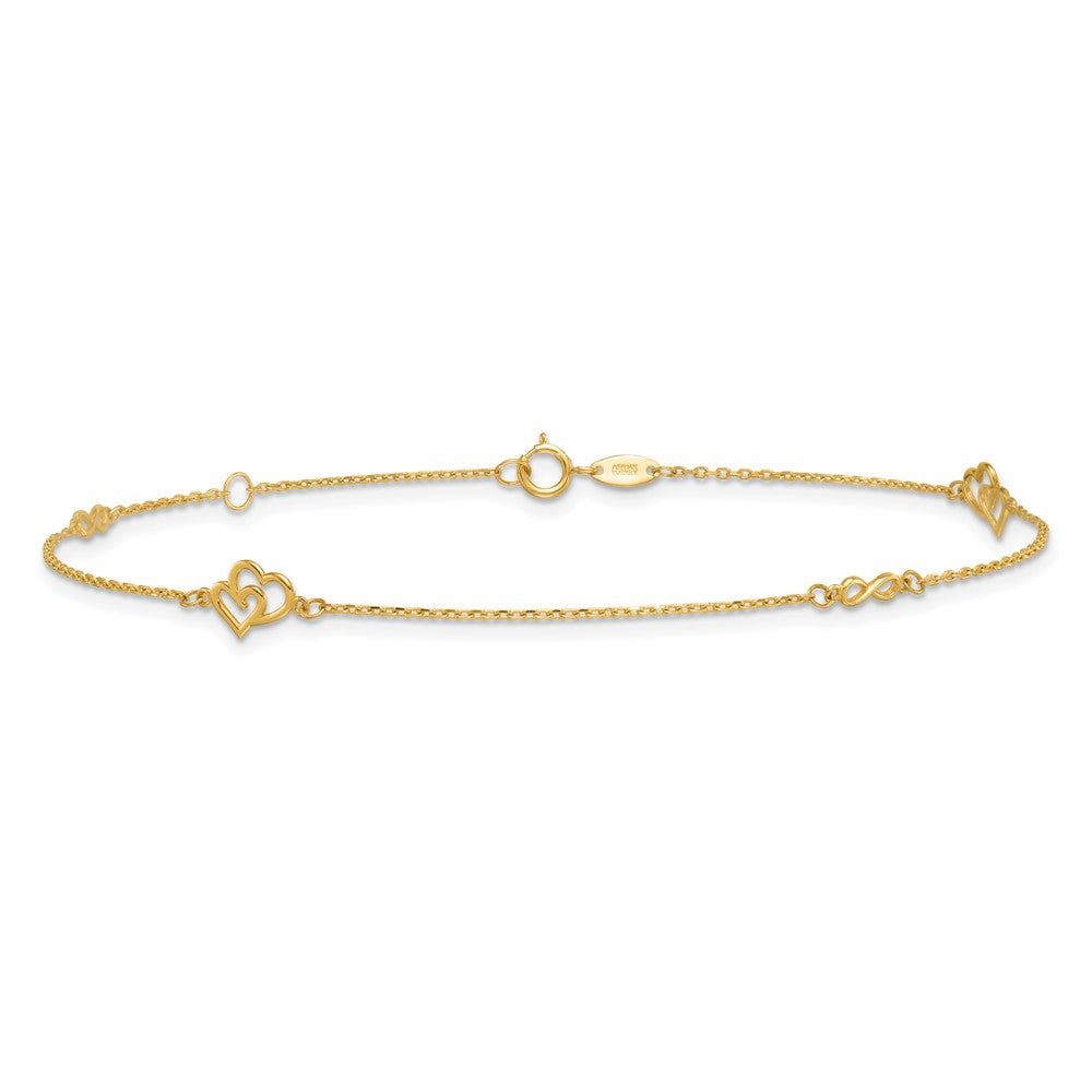 14k Polished Double Hearts and Infinity 9 inch with 1 inch Extension Anklet