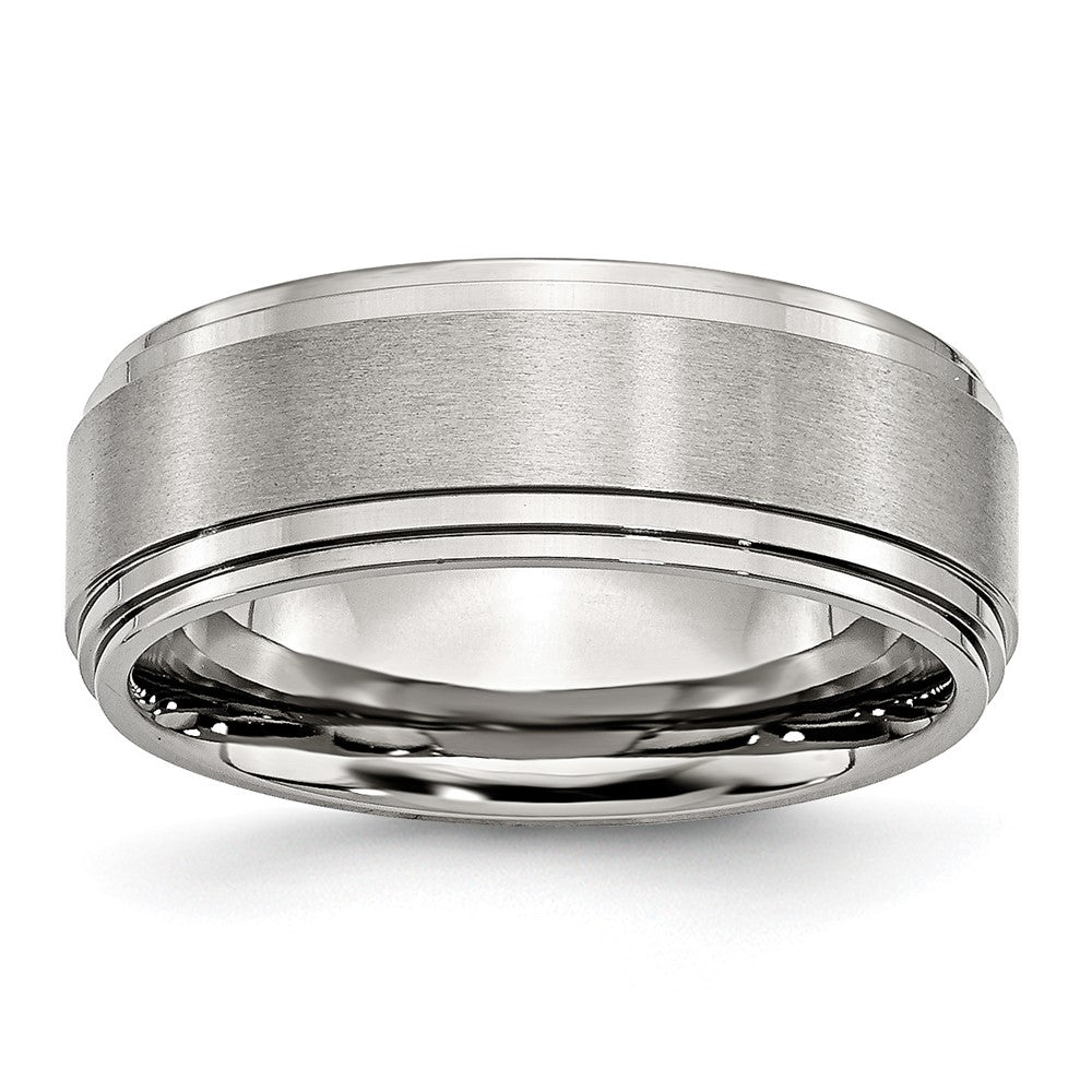 Stainless Steel Polished w/Brushed Center 8mm Ridged Edge Band Size - 8.5