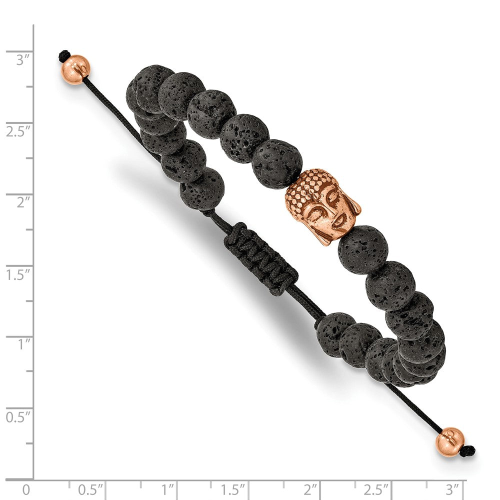 Stainless Steel Polished Rose IP Lava Stone Buddha Adjustable Bracelet