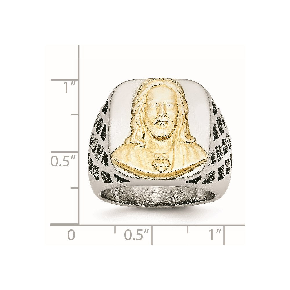 Stainless Steel with Sterling Silver Jesus Yellow IP-plated Polished Ring Size - 10