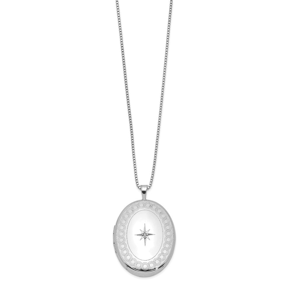 Sterling Silver Rhod-plated 26mm Circle Border Diamond Oval Locket Necklace 18 Inches