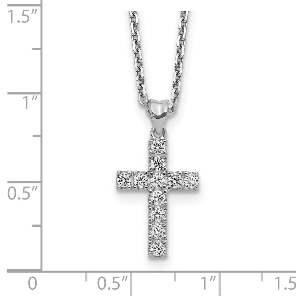 Sterling Shimmer Sterling Silver Rhodium-plated 2mm CZ 11 Stone Cross 16 inch with 2 inch Extension Necklace 16 Inches