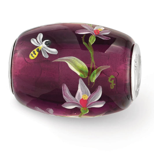 Finest Gold Sterling Silver Reflections Purple Hand Painted Magnolias Fenton Glass Bead