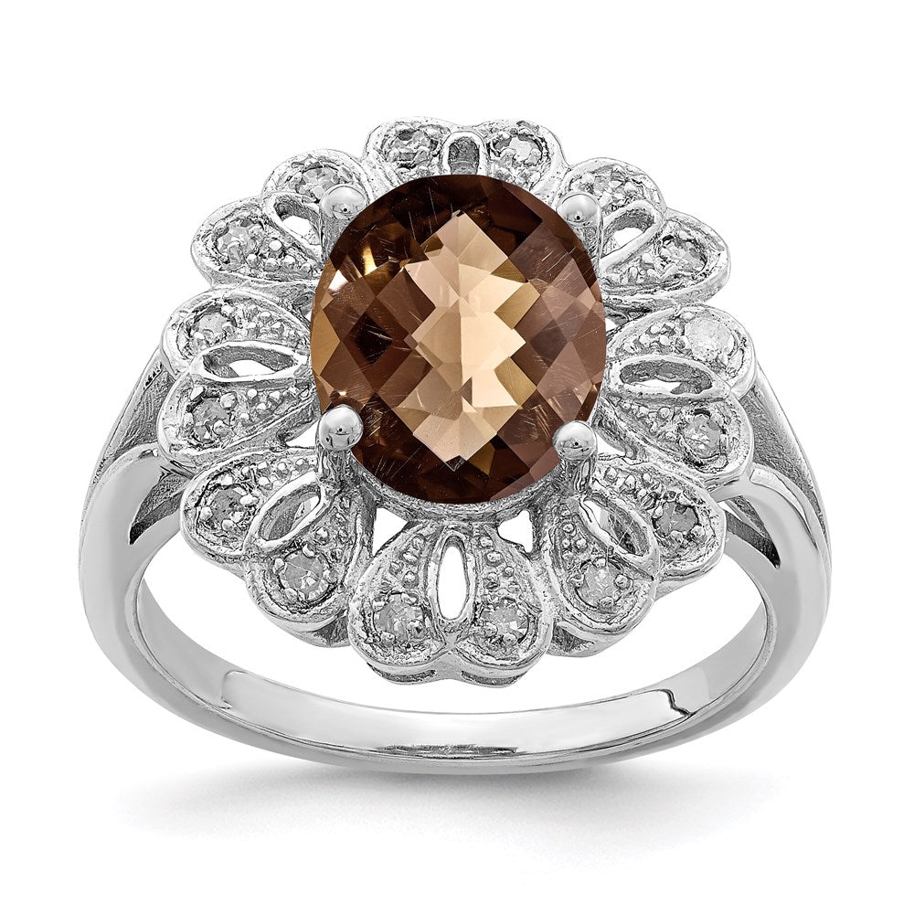 Sterling Silver Rhodium Diam. & Checker-Cut Smoky Quartz Ring