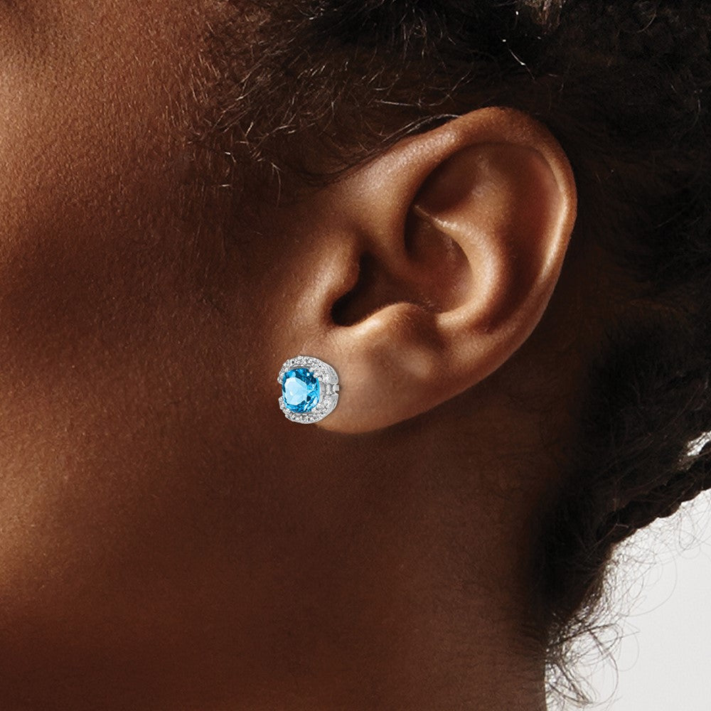 14k White Gold Cushion Blue Topaz and Diamond Halo Earrings
