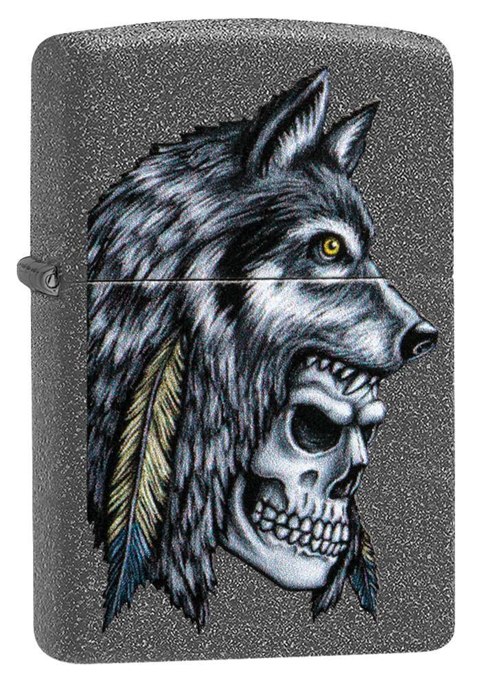 Zippo Wolf Skull Feather Design Iron Stone Pocket Lighter