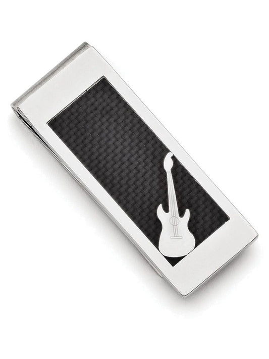 Chisel Stainless Steel Polished Black Carbon Fiber Inlay Guitar Money Clip