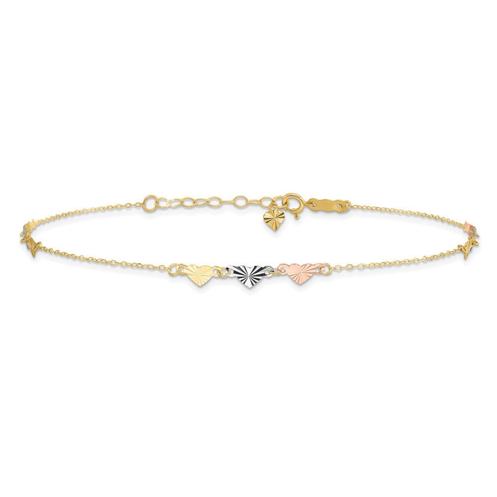 14K Tri-Color Diamond-cut Hearts 9in Plus 1in ext  Anklet 9 inches