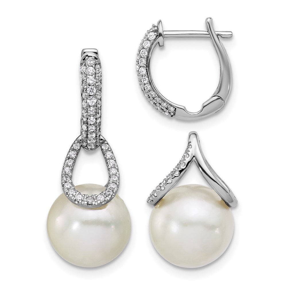 14K White Gold 10-11mm White Round Freshwater Cultured Pearl & .41ct Diamond Hinged Hoop Earrings with Removable Dangles
