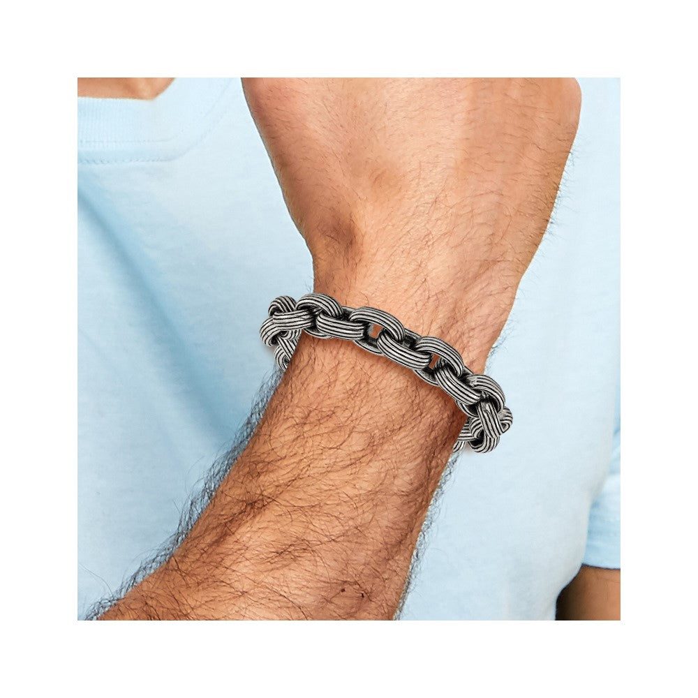Chisel Stainless Steel Antiqued and Polished 8.5 inch Grooved Link Bracelet