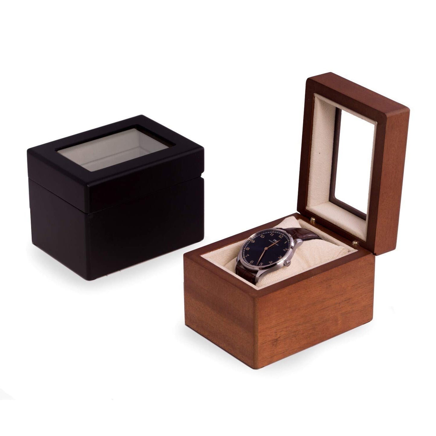 Matte Black Finish Glass Window Velour Lined Wooden Single Watch Case QGM21257