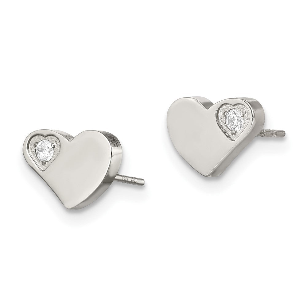 Stainless Steel Polished w/CZ Heart Post Earrings