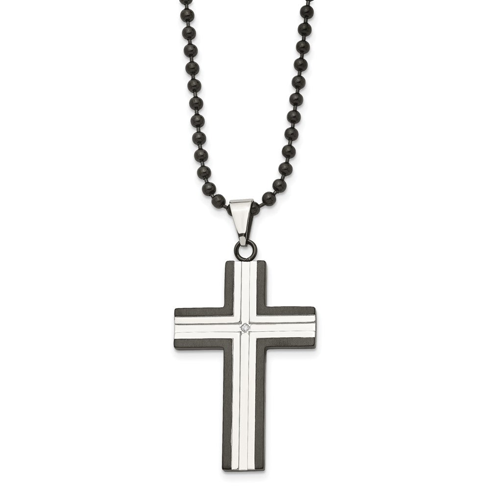 Stainless Steel Polished Black IP-plated w/CZ Cross 30in Necklace